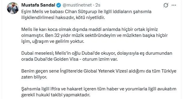 Mustafa Sandal: "Melis ile karı koca olmak dışında maddi anlamda hiçbir ortak işimiz olmamıştır"