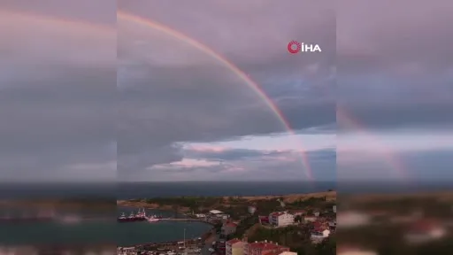 Yağmur sonrası oluşan gökkuşağı havadan görüntülendi